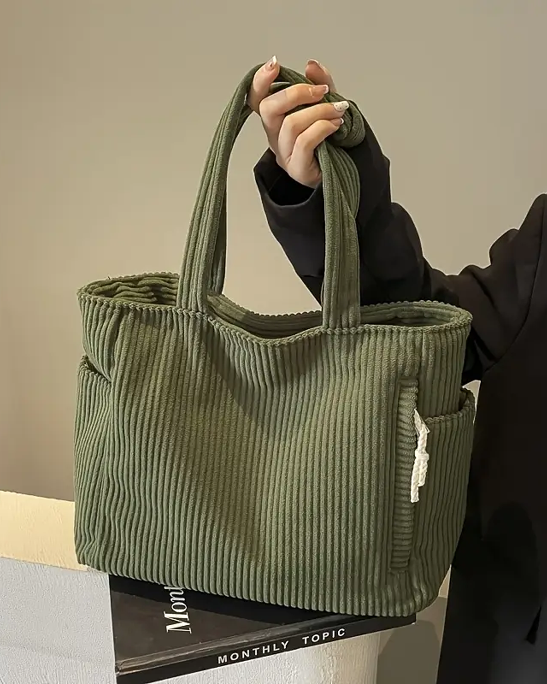 Yolanda | Ribbed Tote Bag With Drawstring Detail