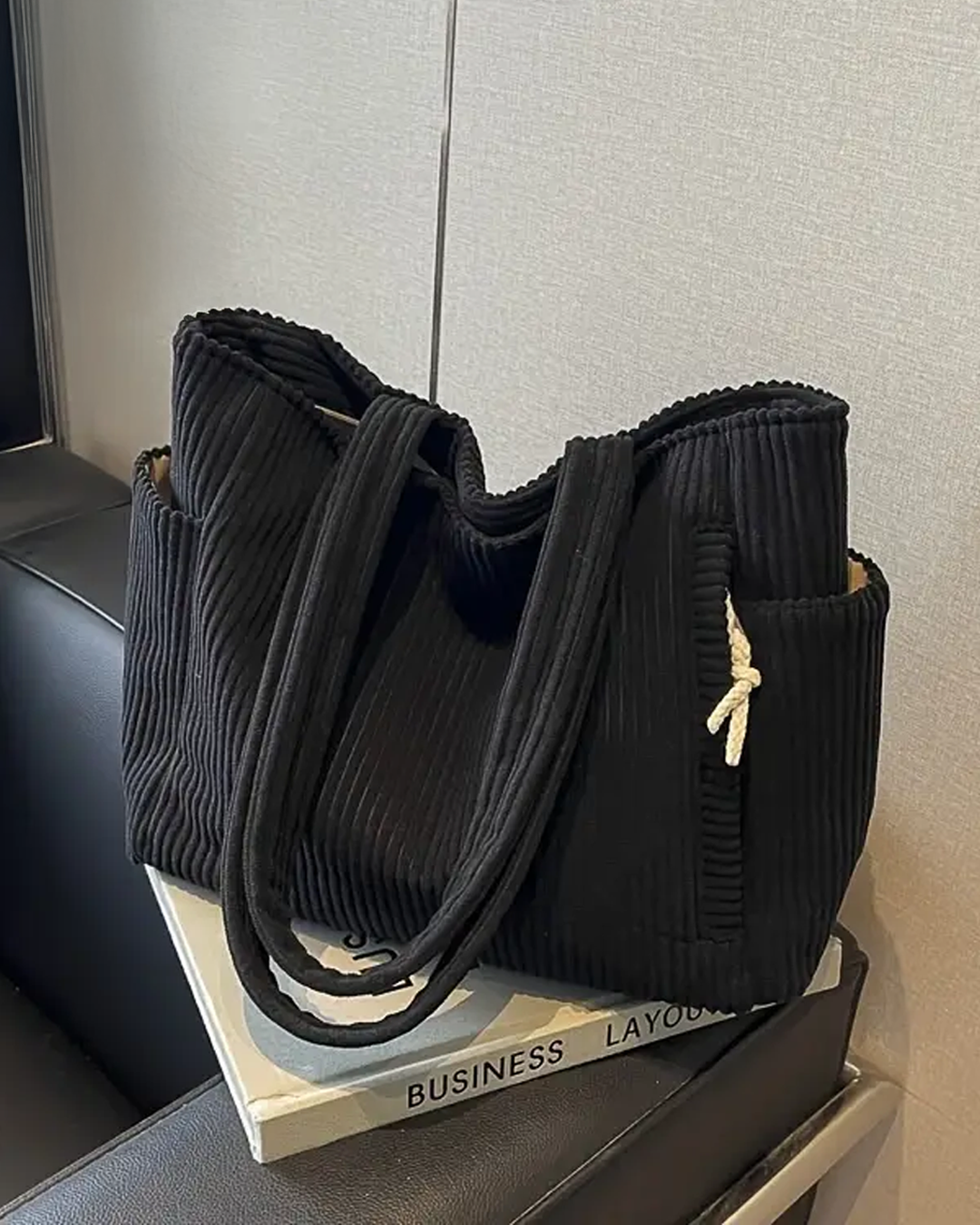 Yolanda | Ribbed Tote Bag With Drawstring Detail