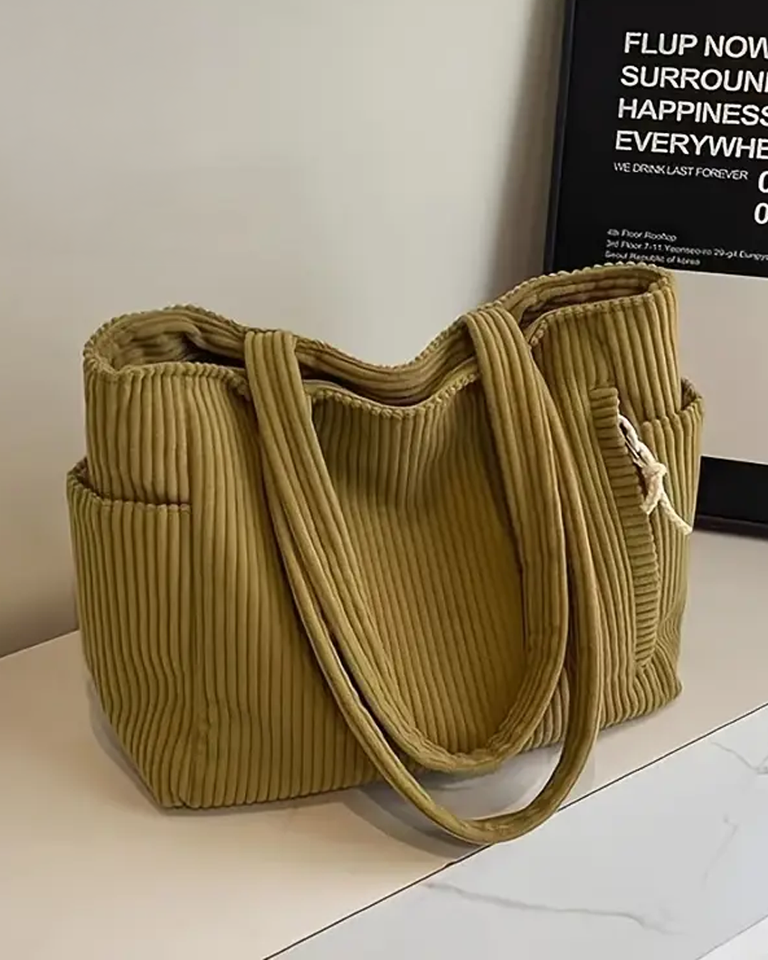 Yolanda | Ribbed Tote Bag With Drawstring Detail