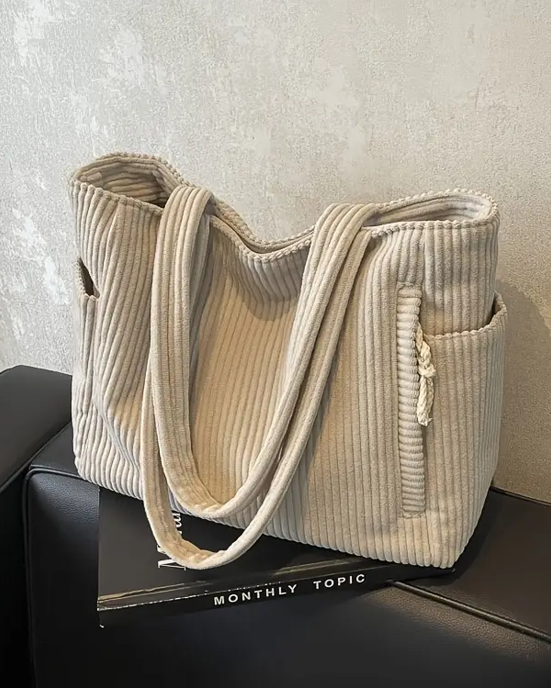 Yolanda | Ribbed Tote Bag With Drawstring Detail
