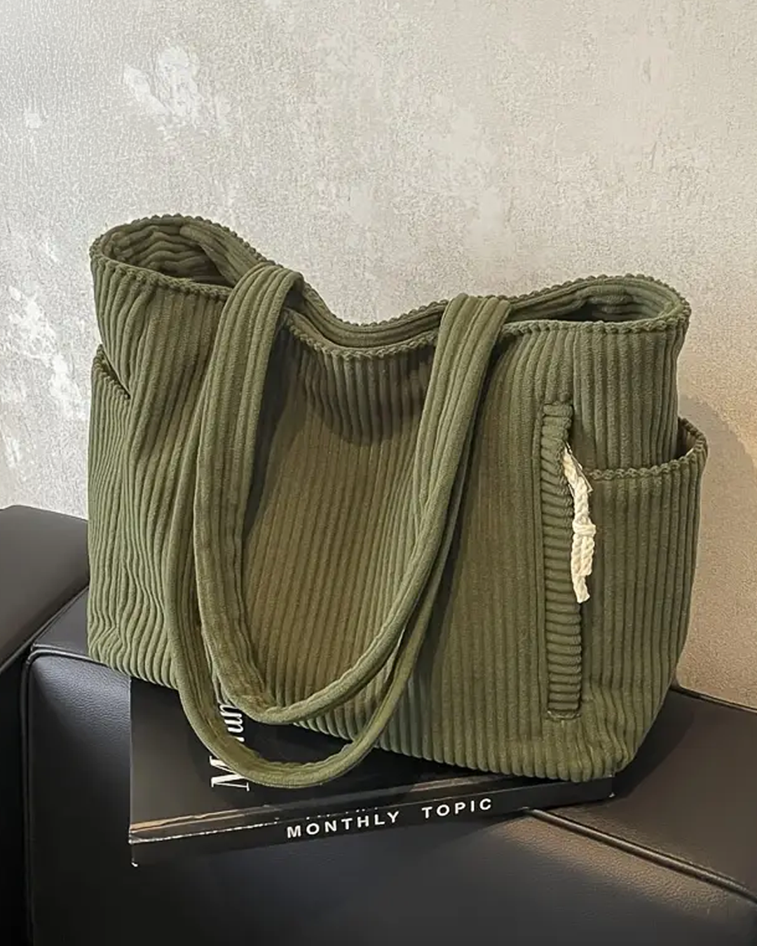 Yolanda | Ribbed Tote Bag With Drawstring Detail