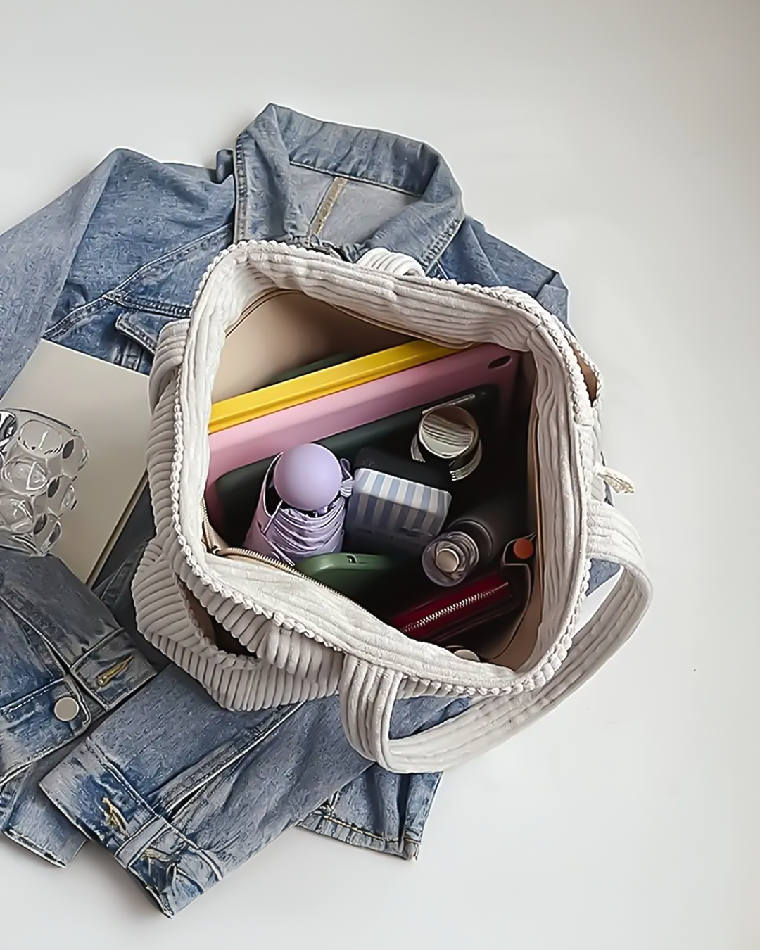 Yolanda | Ribbed Tote Bag With Drawstring Detail