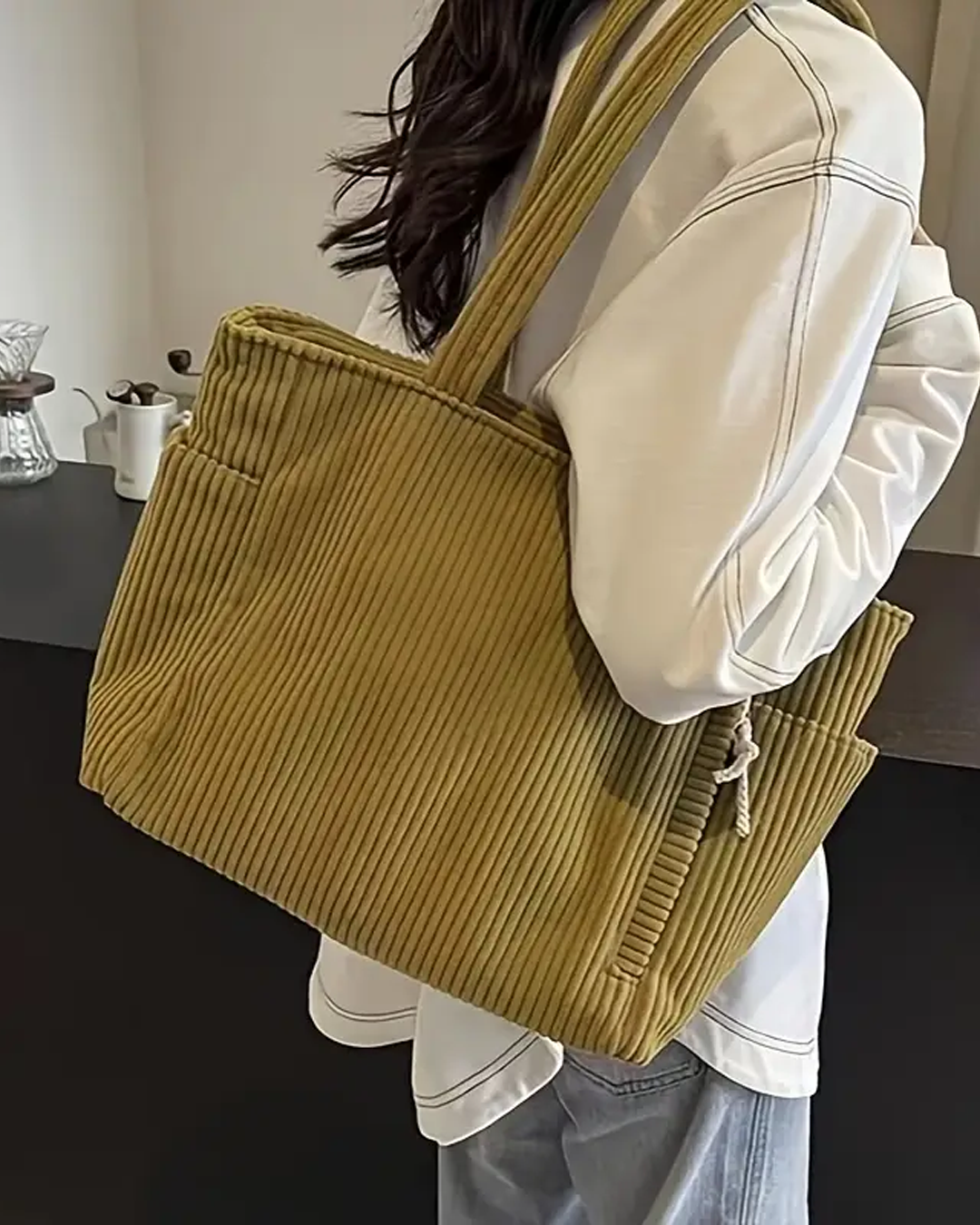 Yolanda | Ribbed Tote Bag With Drawstring Detail