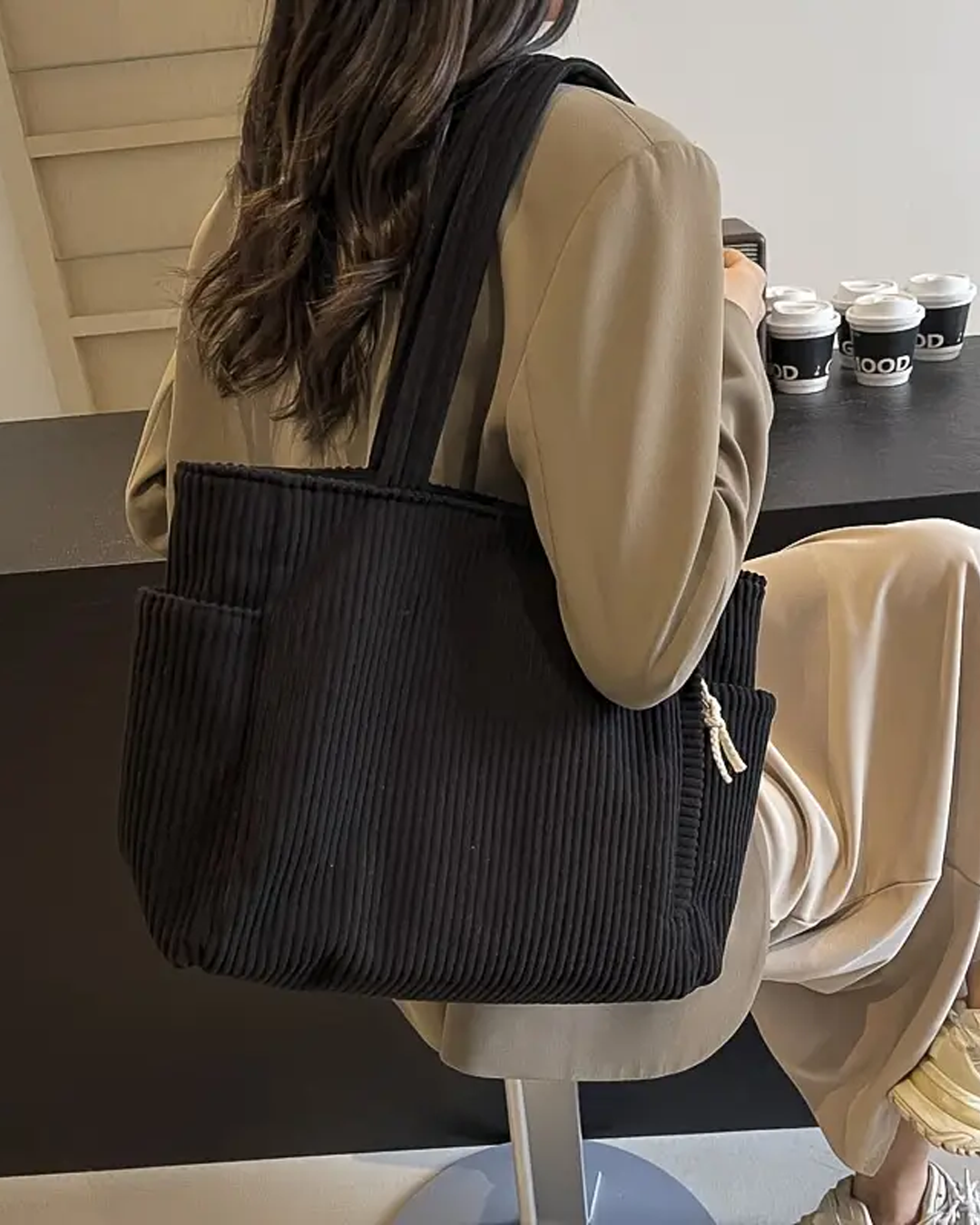 Yolanda | Ribbed Tote Bag With Drawstring Detail