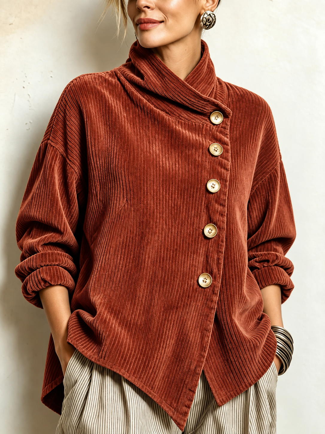 Olivia | Corduroy Button-Up Top - Terracotta