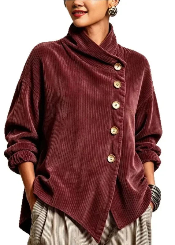 Olivia | Corduroy Button-Up Top - Burgundy