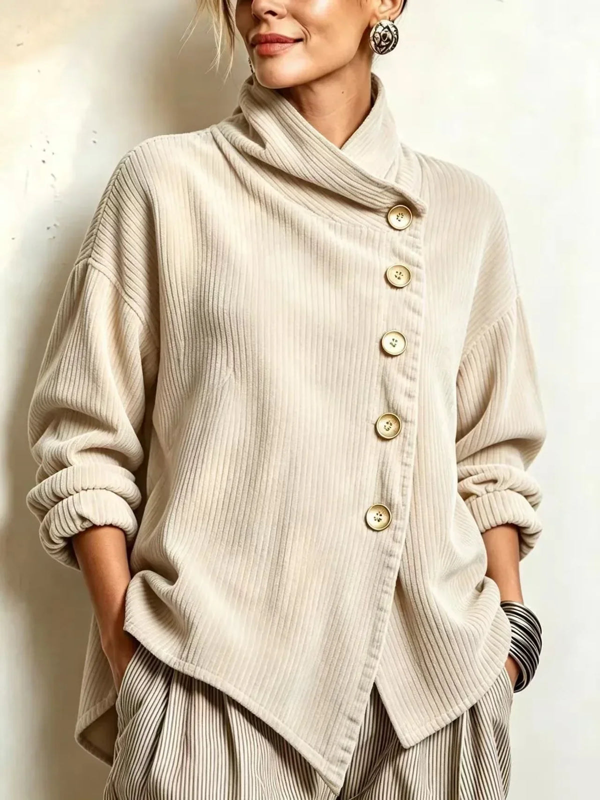 Olivia | Corduroy Button-Up Top - Cream