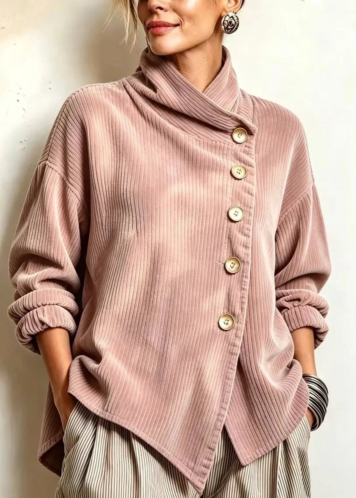 Olivia | Corduroy Button-Up Top - Dusty Rose