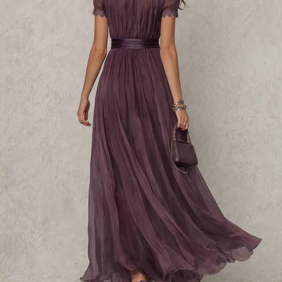 Flavia | Long purple dress with keyhole neckline, chiffon lace trim