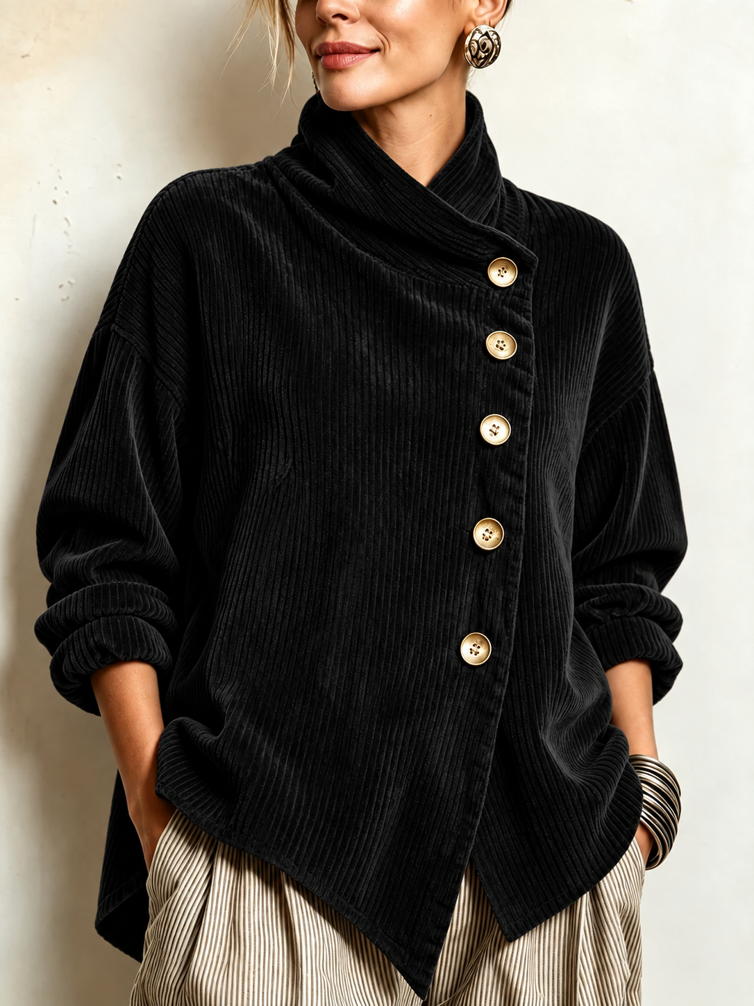 Olivia | Corduroy Button-Up Top - Black