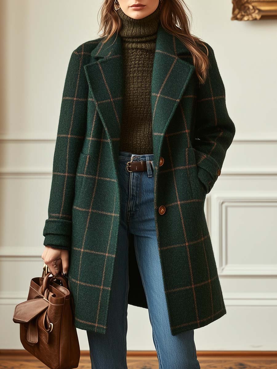 Adeline | Plaid Tweed Lapel Long-Sleeve Coat