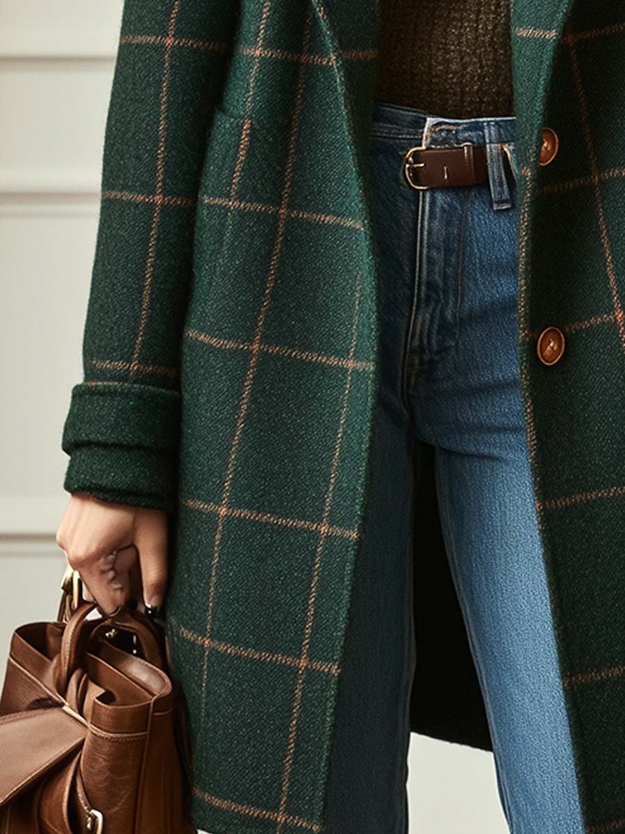 Adeline | Plaid Tweed Lapel Long-Sleeve Coat