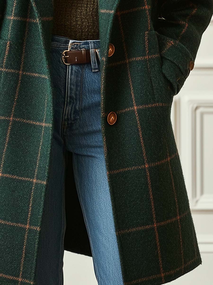 Adeline | Plaid Tweed Lapel Long-Sleeve Coat